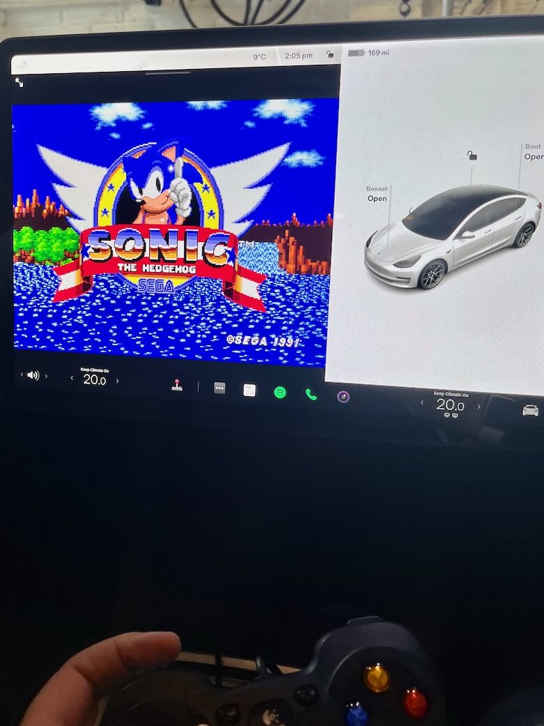 Sonic the Hedgehog on a Tesla screen 