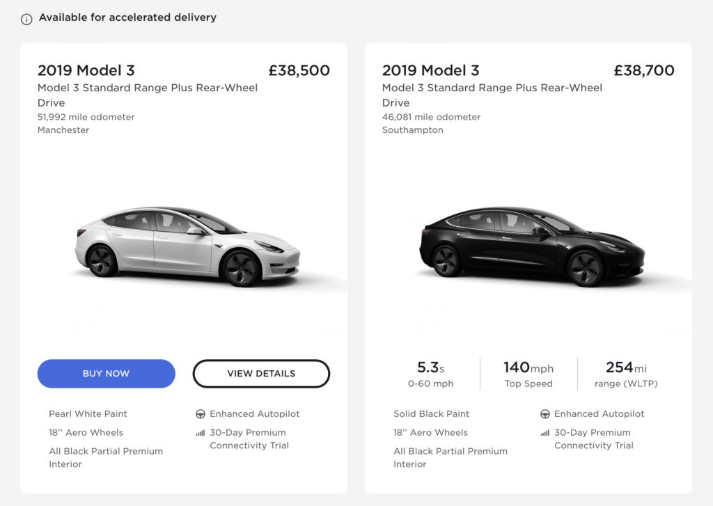 A screenshot of Tesla.com showing cars for sale
